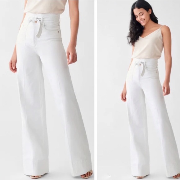 DL1961 Denim - DL1961 Hepburn High Rise Wide Leg Belted White Jeans Parowan Size 29